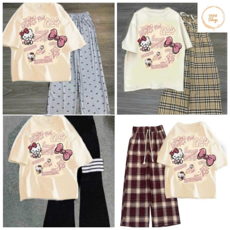 Tổng Hợp Các Sét Quần Ống Rộng + Mix Áo Phông Hình Mèo HÊ LÔ KÍT TI form rộng tay lỡ cotton - Hình Mèo Màu BE