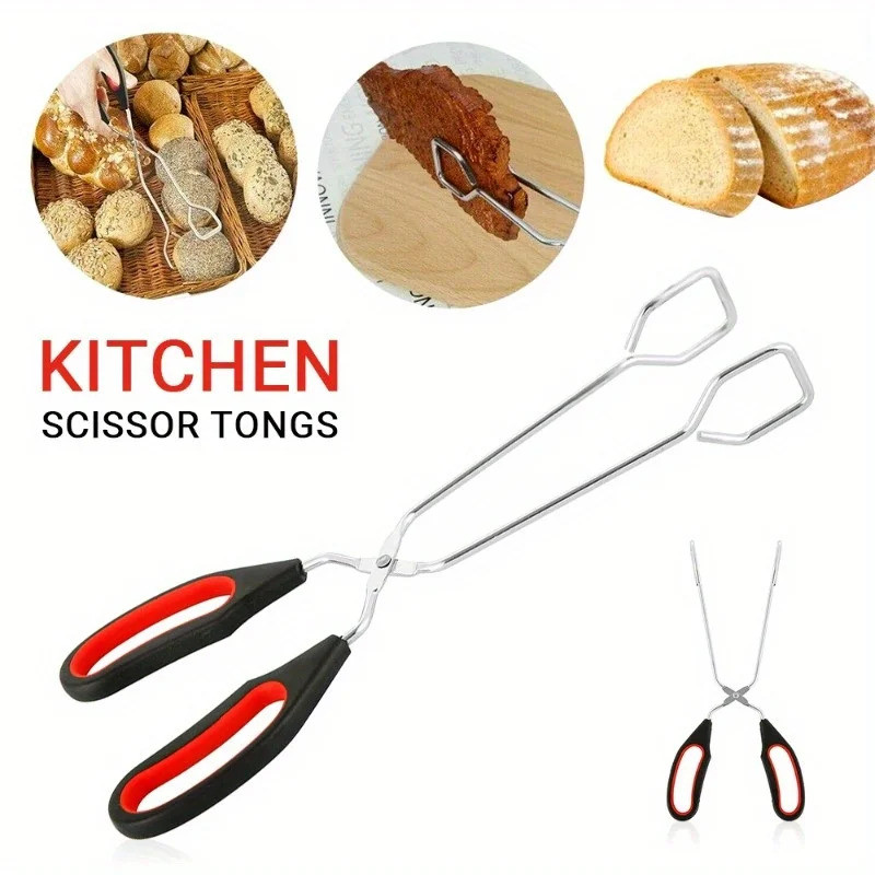 3sizes Thịt Nướng Kéo Tông Chống Trơn Trượt Nướng Thực Phẩm Bánh Mì Tông Kim Loại BBQ Nướng Kẹp Với Tay Cầm Dài Phụ Kiện Nấu Ăn Nhà Bếp