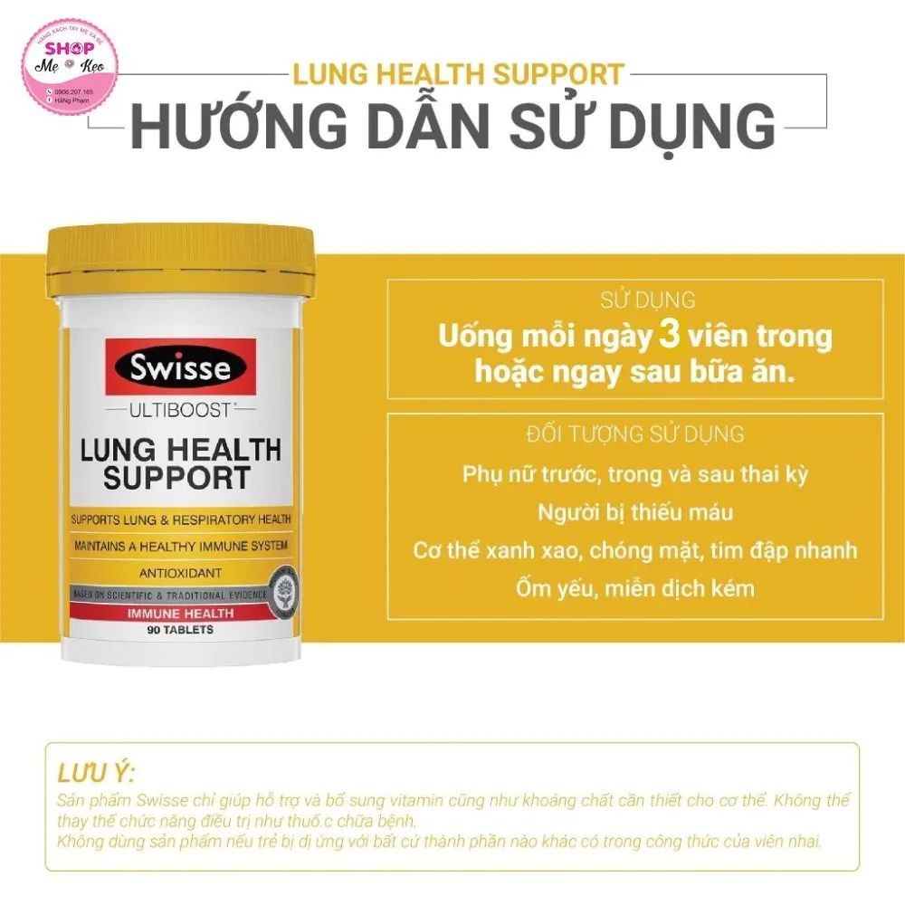 Bổ phổi Swisse Ultiboost Lung Health Support 90 viên giúp giảm ho, long đờm, tăng khả năng miễn dịch, bảo vệ hệ hô hấp