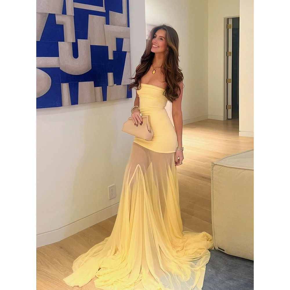 Klalien Chắp Vá Nhìn Xuyên Qua Đầm Nữ Thanh Lịch Chắc Chắn Xếp Ly Không Tay Lưng Ôm Dự Tiệc Vestidos