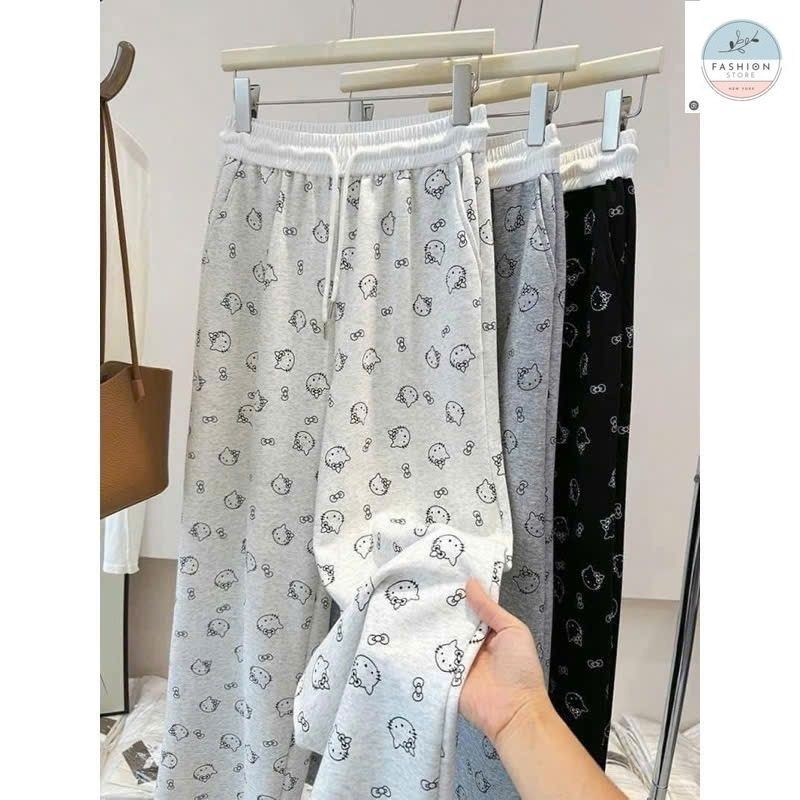 Sét bộ quần ống rộng hình Đầu Mèo + Mix Áo Phông mèo cute be form rộng tay lỡ-QUẦN ÁO 94