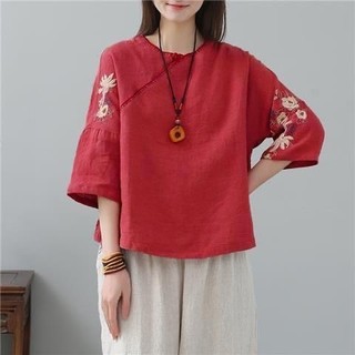 24.4.12 Tencel Cotton Linen Top Nữ Thời Trang Thêu Ngắn Cao Cấp Văn Học Nữ Phong Cách Trung Hoa Retro