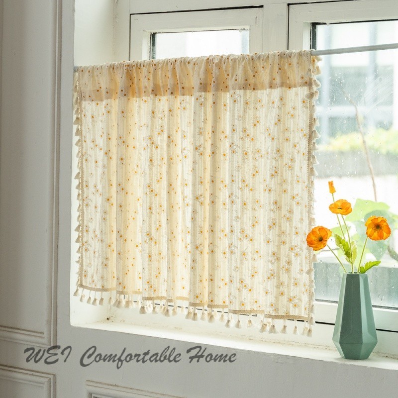 Rèm cotton hoa cúc tua rua kiểu Nhật cho cửa sổ bếp, ngắn, trang trí cửa cà phê