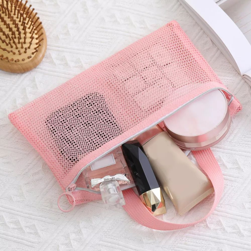 Tổ chức du lịch HOBBYIN, Túi trang điểm lưới màu trơn, Túi đi biển di động bền bỉ Túi dây kéo dung tích lớn Túi đựng mỹ phẩm