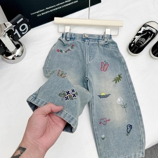 Q12-[Dưới 1m32] Quần jean ống rộng thêu nơ cho bé gái size từ 8-30Kg