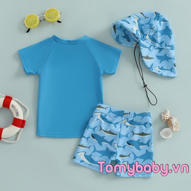 Bộ đồ bơi bé trai Rash Guard cho bé trai tập đi Áo cổ tròn ngắn tay in hình cá mập / vịt + Quần Short + Mũ bơi Bộ 3 chiếc