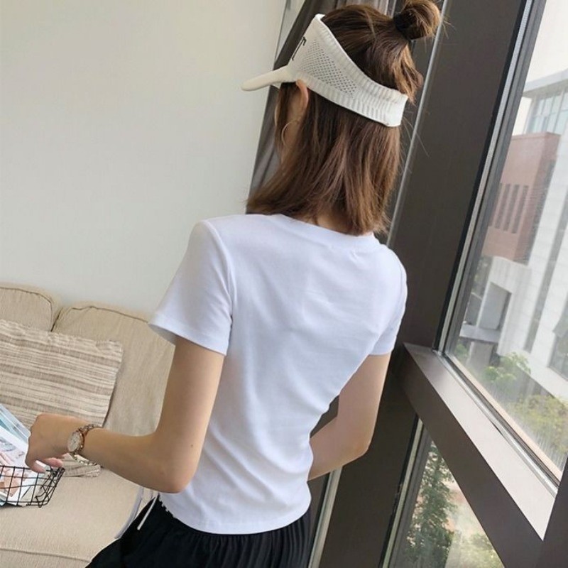 Áo thun nữ ngắn mùa hè 2025 in mới chữ giảm béo thời trang dáng rộng giản dị dây rút hàng đầu