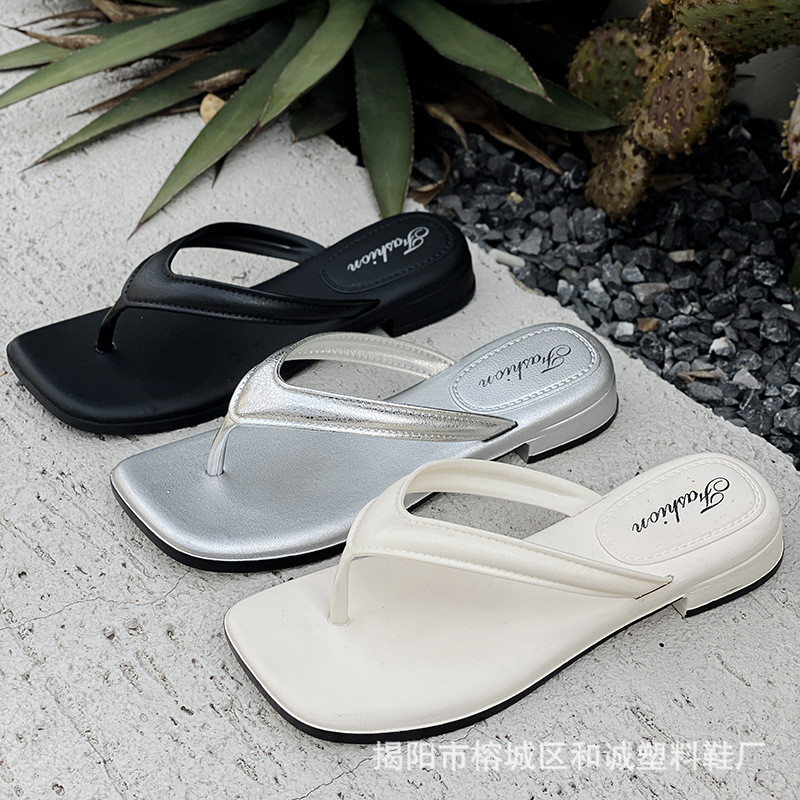 Phụ Nữ Flip-Flops Nêm Gót Bên Ngoài Mặc Flip-Flops PVC Chống Trơn Trượt Đi Biển Dép Dép Đơn Giản Hai