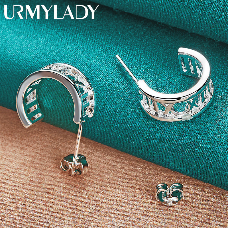 URMYLADY Bạc 925 Hình Bán Nguyệt La Mã Số Bông Tai Dành Cho Nữ Thời Trang Charm Stud Trang Sức