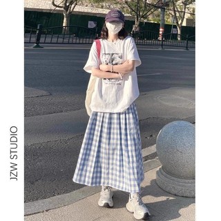 M-4XL Váy Dài Size Lớn Nữ [Chất Liệu Polyester Thoải Mái Thân Thiện Với Da Phong Cách Hàn Quốc Váy Xếp Ly Kẻ Sọc Trắng Xanh Váy Chữ a Váy Nữ Xuân Hè Phong Cách Preppy Cao Cấp Váy Giữa Chiều Dài Rời Ôm Hơn Nhìn Size Lớn Quần Áo Nữ