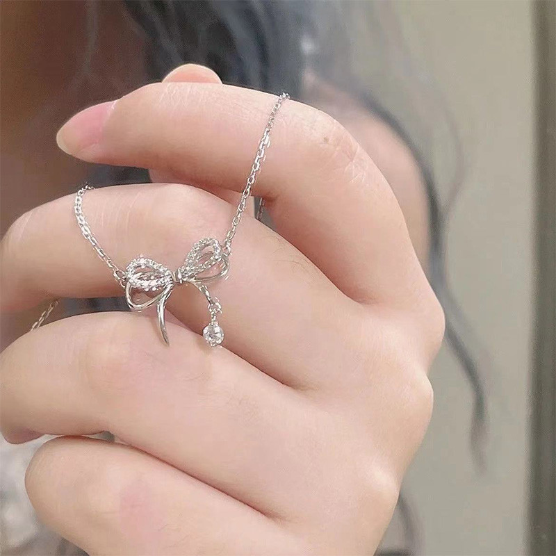 🍑coco🍑Nữ Thanh Lịch Kim Cương Nơ Mặt Dây Chuyền Vòng Cổ Bạc Không Gây Dị Ứng Sáng Bóng Trang Sức Kỷ Niệm Đám Cưới Quà