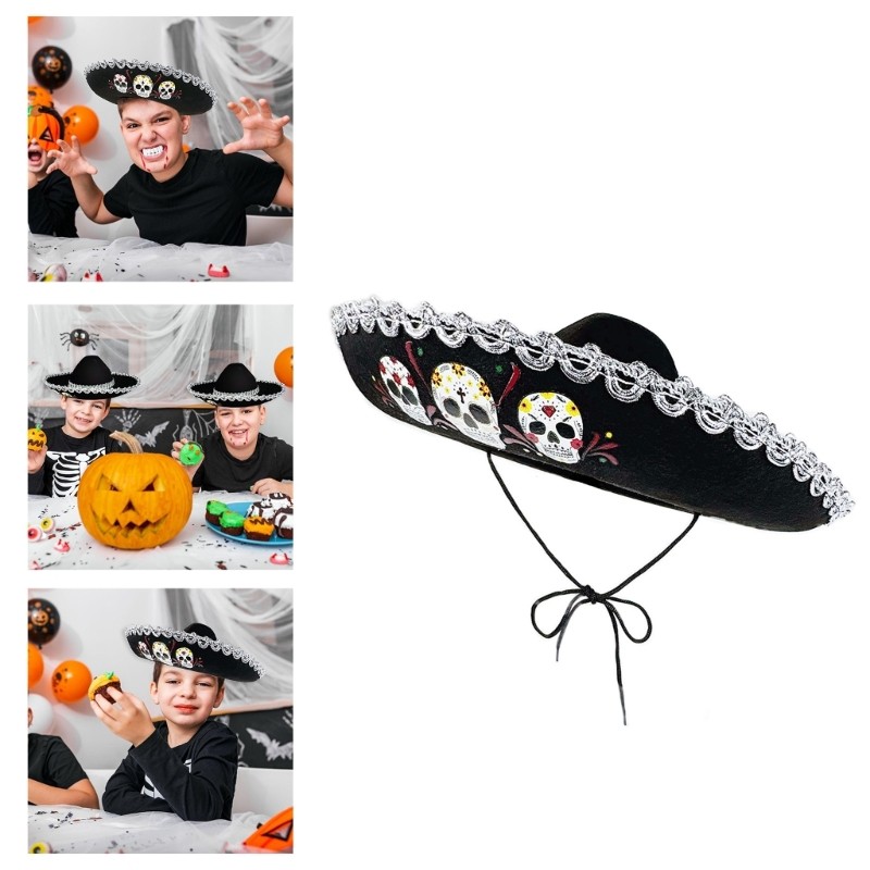 DASBSUG Mũ Mexico sành điệu dành cho trẻ em có họa tiết đầu lâu Dia De Muertos Mũ dành cho kỳ nghỉ gia đình và ngoài trời