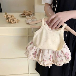 Trang phục mùa hè cho bé gái 2025, bộ hai món thời trang mới với quần short hoa có dây cho bé gái
