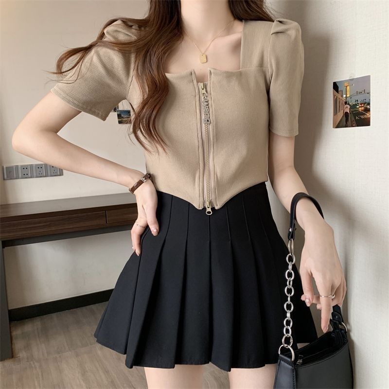 Áo thun dệt kim K Mùa hè Phong cách mới Cổ vuông Dây kéo Áo thun Slim-fit