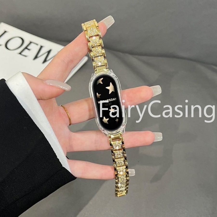 Dây đeo cổ tay 12mm cho Xiaomi Mi Band 10 9 8 7 6 5 4 3 NFC Watchband có vỏ kim loại Vòng đeo tay bằng thép không gỉ kim cương lấp lánh sang trọng cho Miband 8 ban nhạc