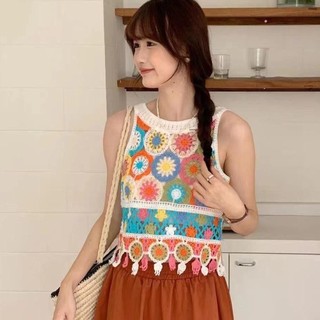 Áo len dệt kim BAIHECrop Top boho nữ, tua rua ngắn, thời trang không tay