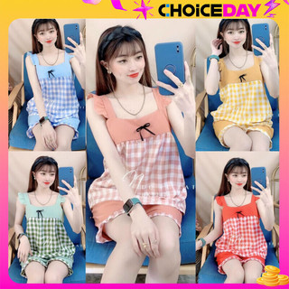 Set đồ bộ ngủ đùi cánh tiên vải lụa hàn họa tiết caro siêu xinh freesize dưới 57kg .
