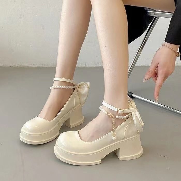 Retro Tất Cả Trận Đấu Mary Jane Giày Nữ PU Phong Cách Mới Nơ Cao Gót Chống Trơn Trượt Ngoài Mặc Đi Làm Kỳ Nghỉ Mua Sắm Pháp Giày Da Nhỏ Nữ Nhà Máy Giá Bán Buôn