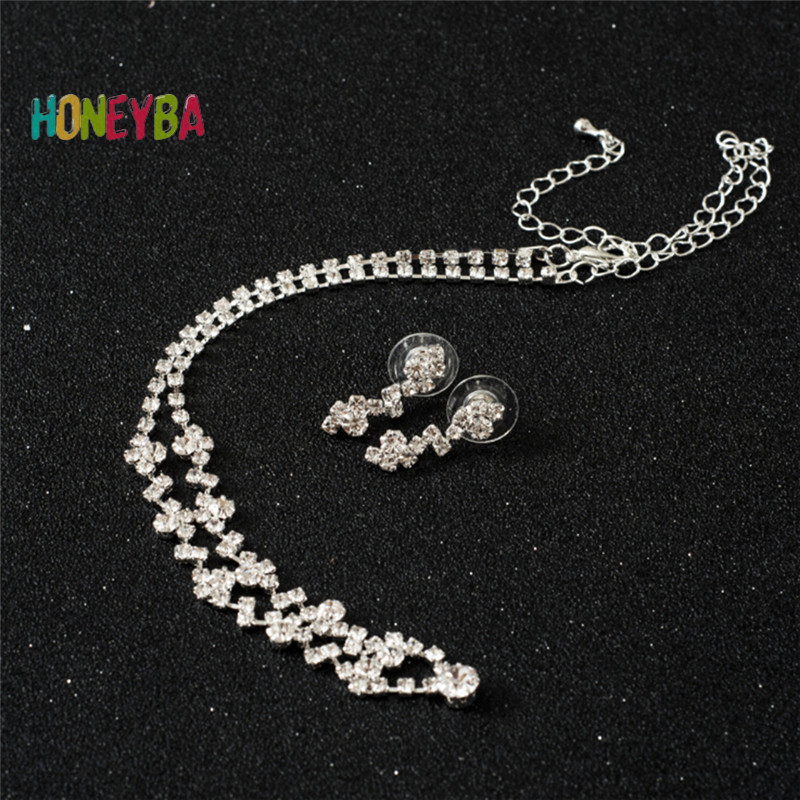< Honeyba > Bộ Bông Tai Vòng Cổ Pha Lê Phù Dâu Bạc Trang Sức Cưới Cô Dâu Trang Sức Trang Sức