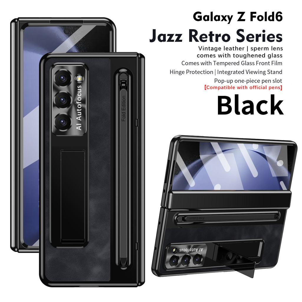 Giá đỡ da sang trọng có khe cắm bút Stylus Samsung Galaxy Z Fold 6 Z Fold 5 Z Fold 4 Vỏ bảo vệ bản lề màn hình kính cho Z Fold4 Fold5 Fold6
