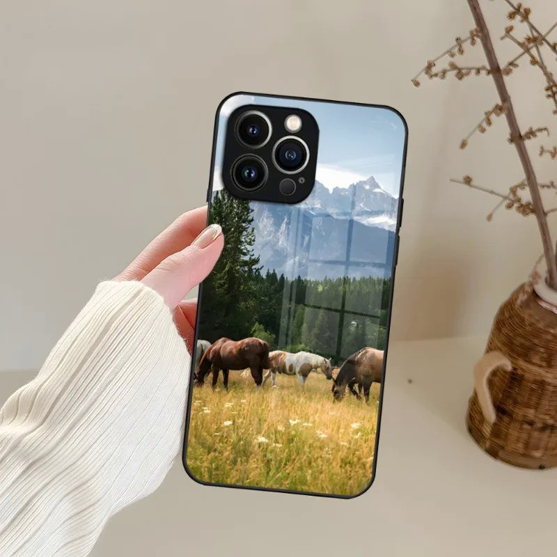 Bk-1 Động Vật Galloping Ngựa Ốp Lưng Kính Cường Lực Cho IPhone 13 14 12 11 Pro XS Max Plus Mini X XR 8 7 6s SE2020 Bao 0458