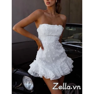 Phụ Nữ Bodycon Mini Đầm Thụy Sĩ Chấm Thuyền Cổ quây Mùa Hè Xù Viền Lưng Ống Váy