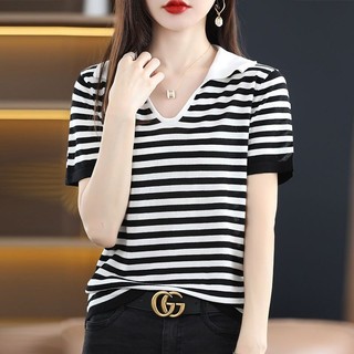 Ice Silk polo Cổ Áo Thun Tay Ngắn Nữ Mùa Hè Mỏng Dệt Kim Phong Cách Mới Ve Áo Ngắn Top Rời Áo Thun
