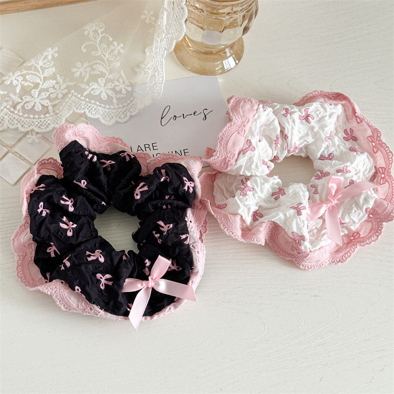 Dây Cột Tóc Scrunchies Đính Nơ Viền Ren Xinh Xắn Phong Cách Hàn Quốc Phụ Kiện Tóc Nữ và Bé Gái