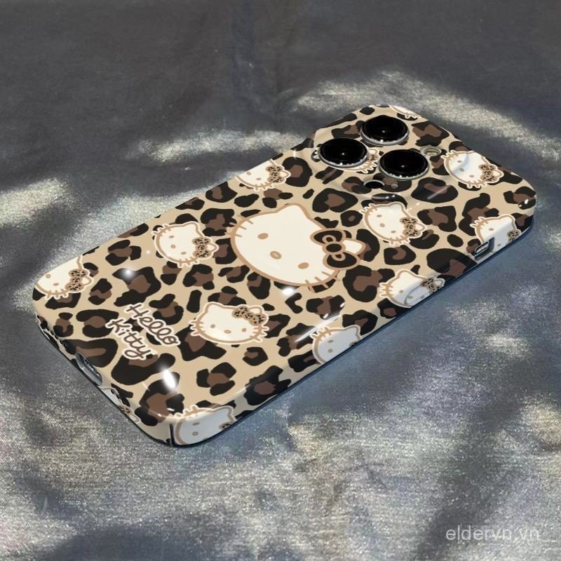 Ốp Điện Thoại Hello Kitty QYJS In Hình Da Báo Thích Hợp Cho 11 14 15 PLUS 12PRO 13 14 15 ProMax XSMAX XR XS X SE 7 8 PLUS Dễ Thương Sáng Tạo Chống Sốc 78BE