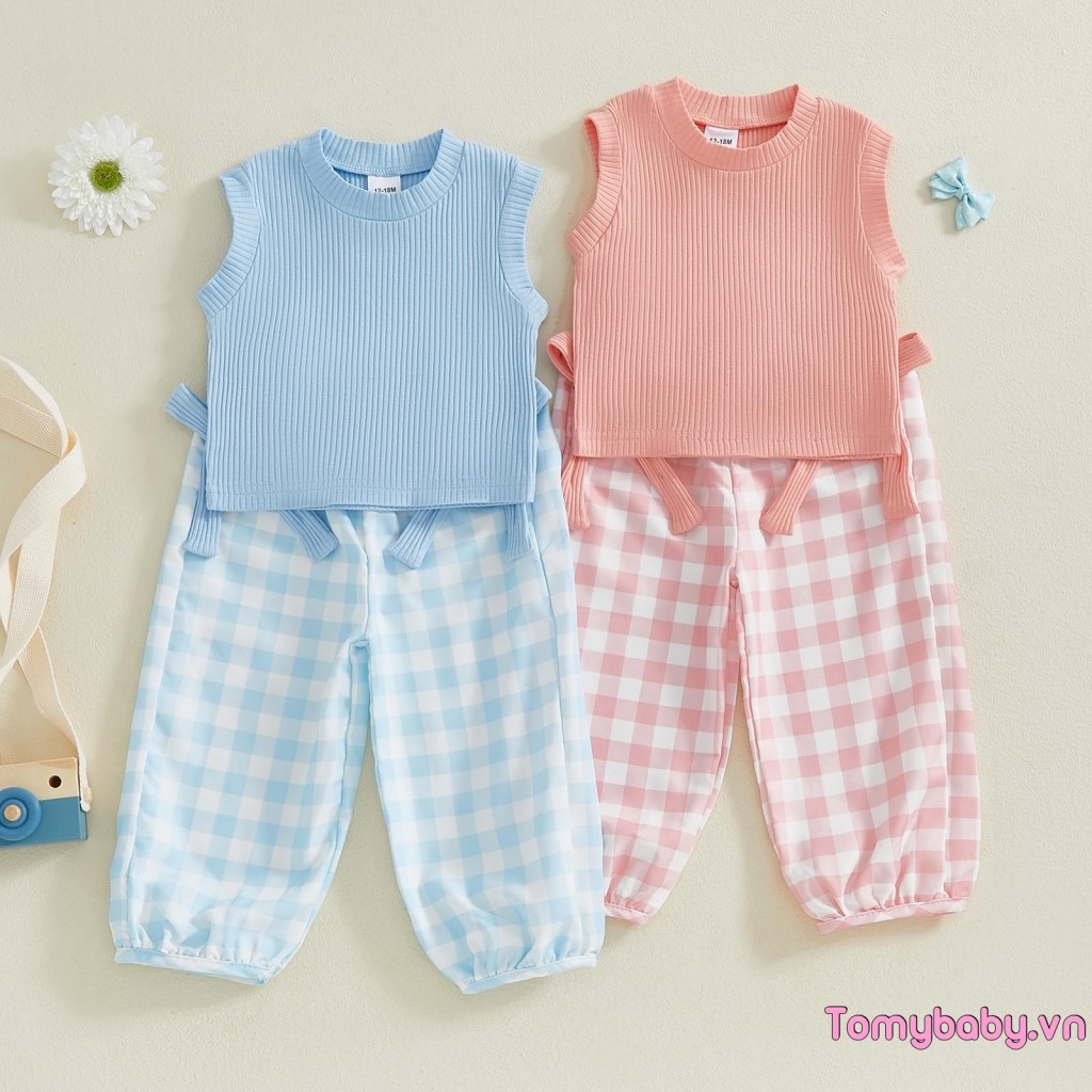 Áo ba lỗ cổ tròn không tay cho bé gái + Quần kẻ sọc nơ Trang phục mùa hè