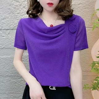 Vai Hoa Phong Cách Pháp Cọc Cổ Áo Nữ Mùa Hè Phong Cách Mới Mẹ Phong Cách Phương Tây Sáng Lụa Mềm Sợi Nhỏ Áo Sơ Mi Tay Ngắn