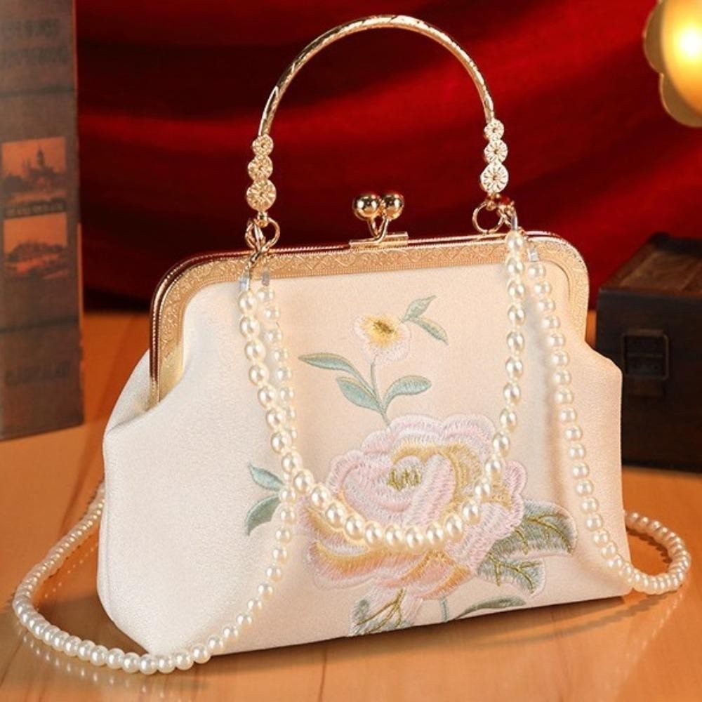 Túi tiệc GUSTAVA, Túi Qipao dung tích cao phong cách, Túi đeo vai thêu tay cầm ngọc trai hợp thời trang phổ biến dành cho nữ