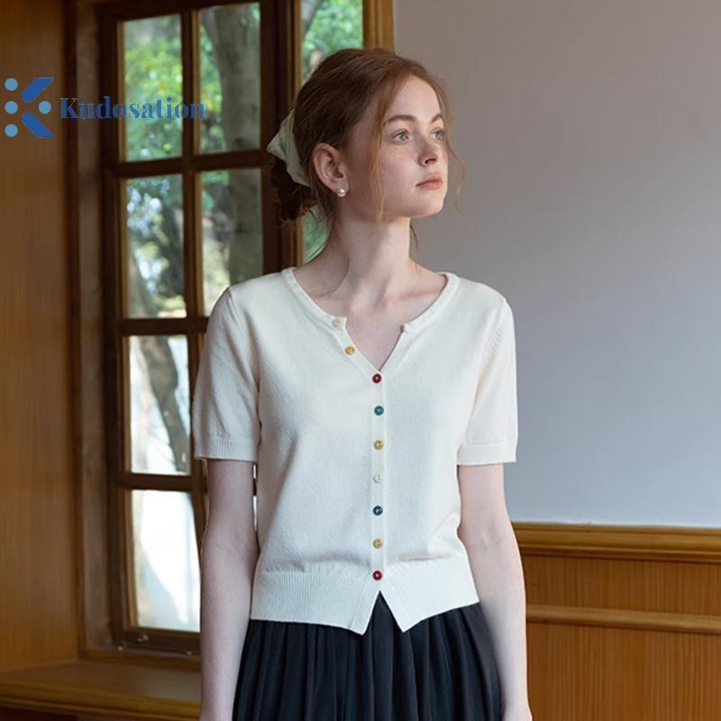 Kudosation Hàng Mới Về Cổ Chữ V Nút Slim Fit Dệt Kim Tay Ngắn Cardigan Áo Thun Nữ Đẹp