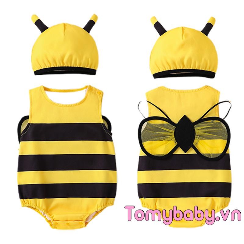 Bé Gái Rompers Trang Phục Ong Sọc Cổ Tròn Không Tay Áo Liền Quần Trẻ Sơ Sinh Có Mũ Và Cánh
