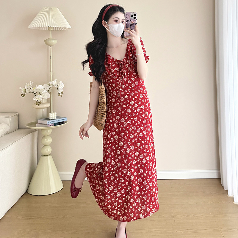 Trang phục bà bầu mùa hè 2025 Váy bà bầu cổ chữ v kiểu Pháp xù