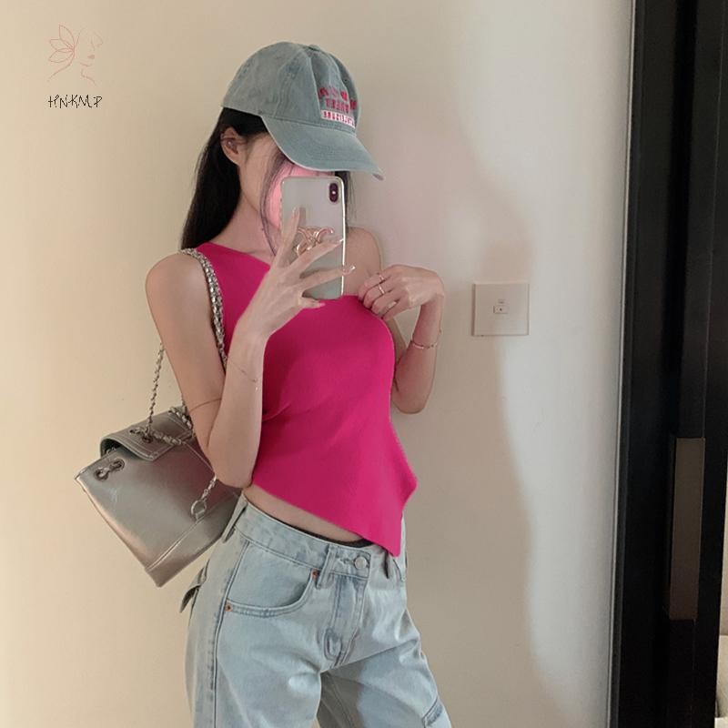 Hnkmp Nữ Sườn Vai Áo Vest Màu Trơn Không Tay Không Đều Áo Mùa Hè.