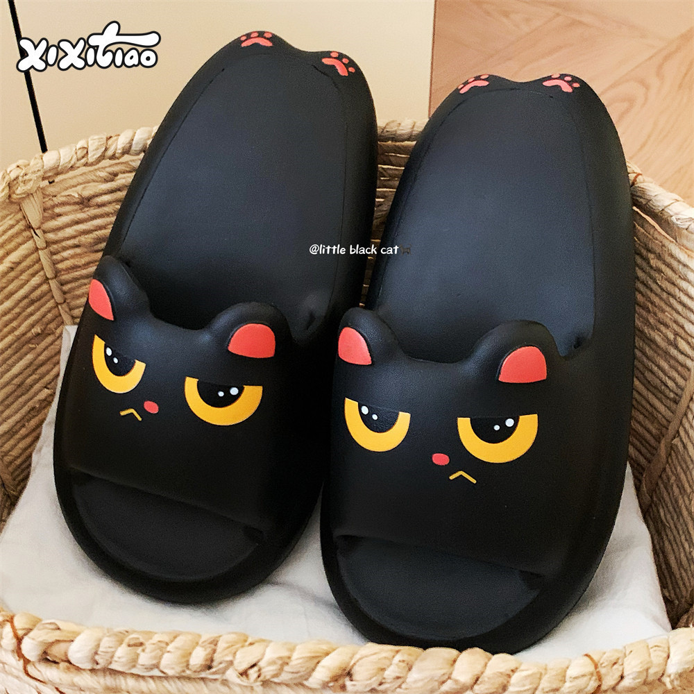 Xixitiao Dép Mèo Đen Nhỏ Mùa Hè Cặp Đôi Nhà EVA Đế Mềm Dép Tắm