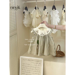 Váy kẻ sọc màu xanh lá cây mẫu mới bé gái váy liền phong cách phương Tây váy công chúa phong cách Hàn Quốc