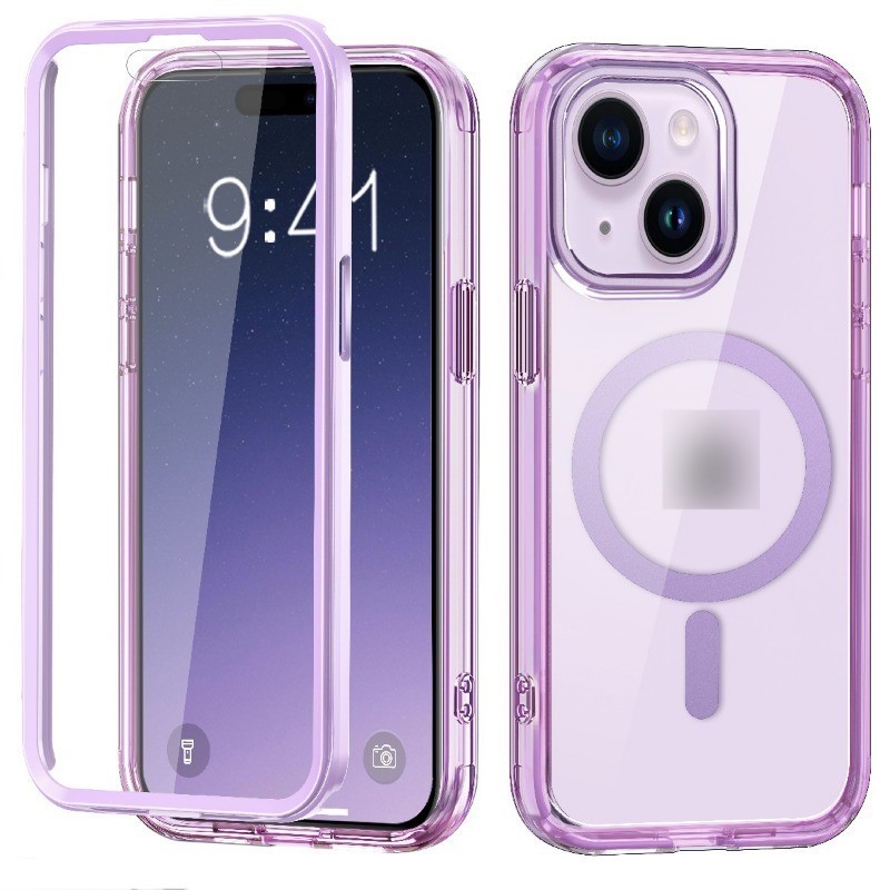Ốp điện thoại từ tính toàn diện 3 trong 1 cho Iphone 15 14 13 12 11 Pro Max 15 Plus Vỏ sạc không dây dày Vỏ chống sốc Màu tím trong suốt Bảo vệ mạnh hơn có nắp trước