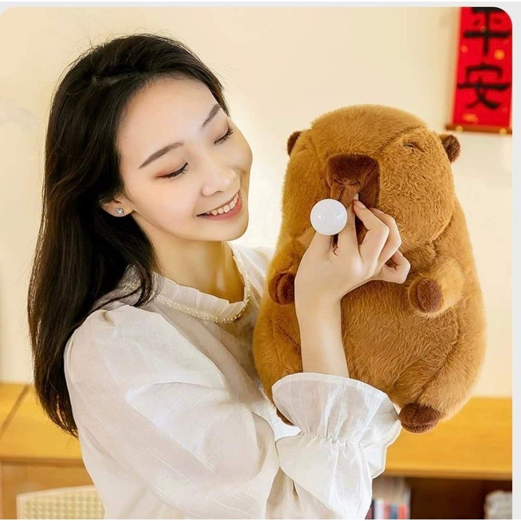 Capybara Thổi Bong Bóng Gấu Bông Capybara Bong Bóng Dễ Thương Capybara Thổi Bóng Chất Liệu Vải Lông Thỏ Mềm Mại