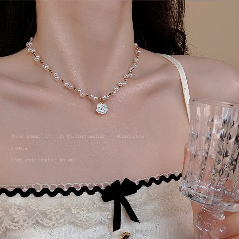 Vòng cổ ngọc trai Camellia Phụ kiện vòng cổ nữ kiểu Pháp mùa hè
