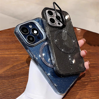 [Jlk] Ốp sạc không dây từ tính lấp lánh Bling cho iPhone 14 13 11 12 15 16 Pro Max Giá đỡ máy ảnh Vỏ cứng Acrylic trong suốt