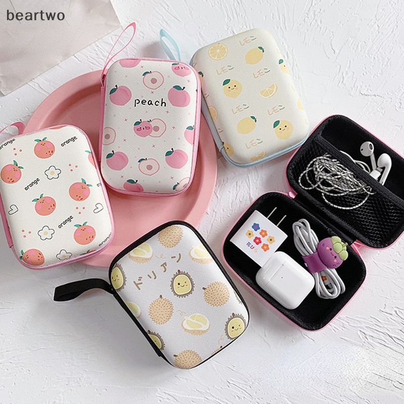 < Beartwo > Hoạt Hình Dễ Thương Họa Tiết Trái Cây Tai Nghe Cáp Dữ Liệu Túi Bảo Quản Sạc Hình Chữ Nhật Hộp Dây Kéo Túi Túi Túi Đẹp