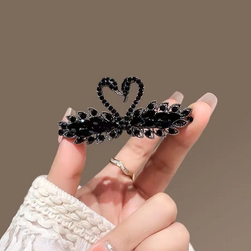 Mauropoli Kẹp tóc kim loại pha lê thiên nga đen cao cấp, mũ đội đầu sau, kẹp nửa mảnh, kẹp phẳng