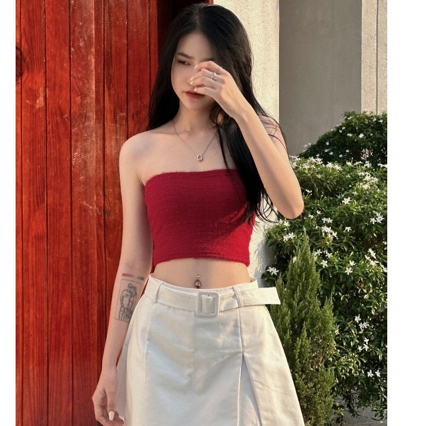 (Có tag đá xinh xắn) Áo CropTop Nữ, Áo Ống Lông Giả Màu Trơn Không Dây Ôm Dáng Vừa Vặn Cho Nữ - A258