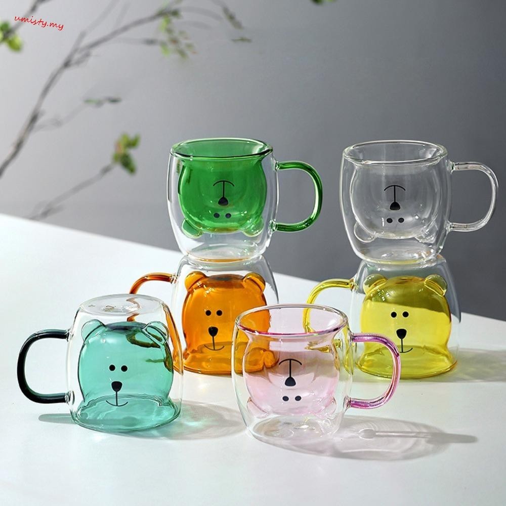 Cốc cà phê thủy tinh UMISTY, Cốc nước hình gấu hoạt hình 250ml, Tường đôi dễ thương trong suốt có tay cầm Cốc ăn sáng Văn phòng tại nhà