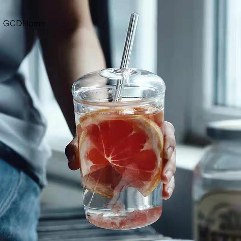 Gcdhome 450ml Cốc Thủy Tinh Có Nắp Và Ống Hút Trà Trong Suốt Cà Phê Nước Trái Cây Bia Thủy Tinh Có Thể Sữa Mocha Ăn Sáng Cốc Drinkware Cốc HOT