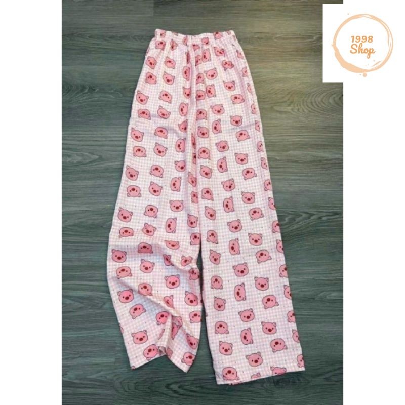 Tổng họp Sét Bộ Quần Ống Suông heo Hồng + kèm áo Phông ICON xám form rộng chất cotton