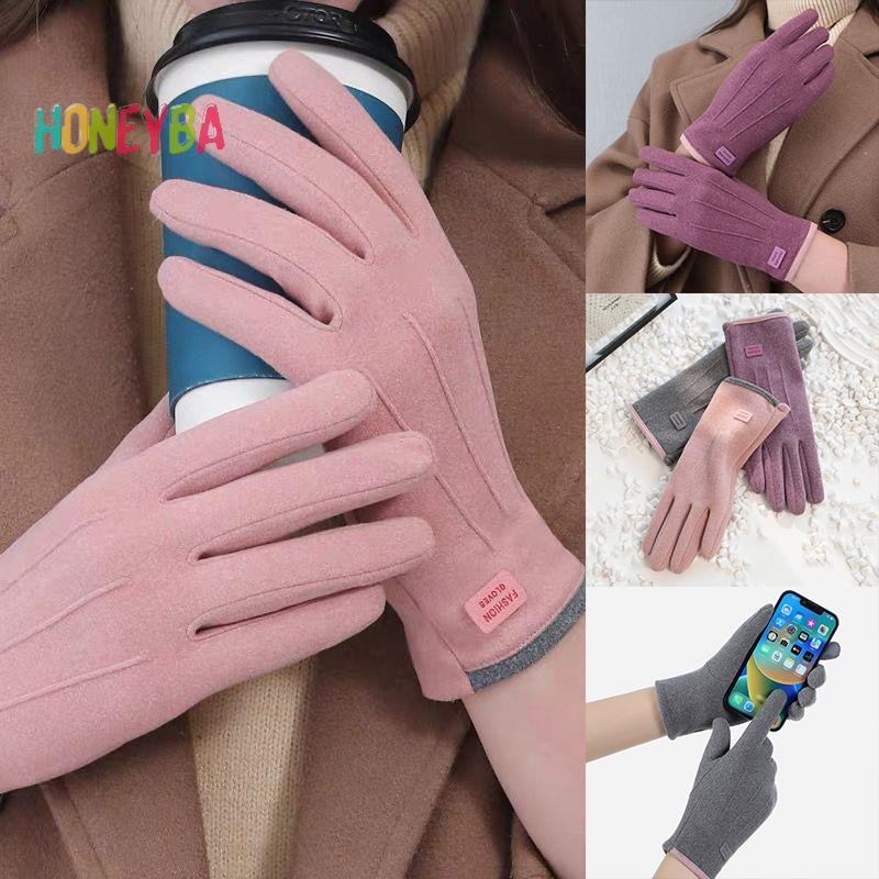 < Honeyba > Găng tay sang trọng dày mùa đông dành cho nữ Thời trang da lộn ấm áp ngoài trời Guantes Lady Găng tay lái xe màn hình cảm ứng Găng tay đi xe đạp thể thao