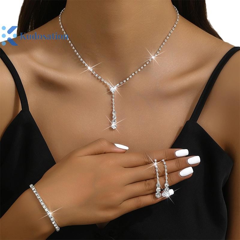 Kudosation 4 Thời Trang Cưới Bộ Trang Sức Kim Cương Giả Vòng Cổ Bông Tai Bộ Vòng Tay Nữ Tiệc Phụ Kiện Trang Sức